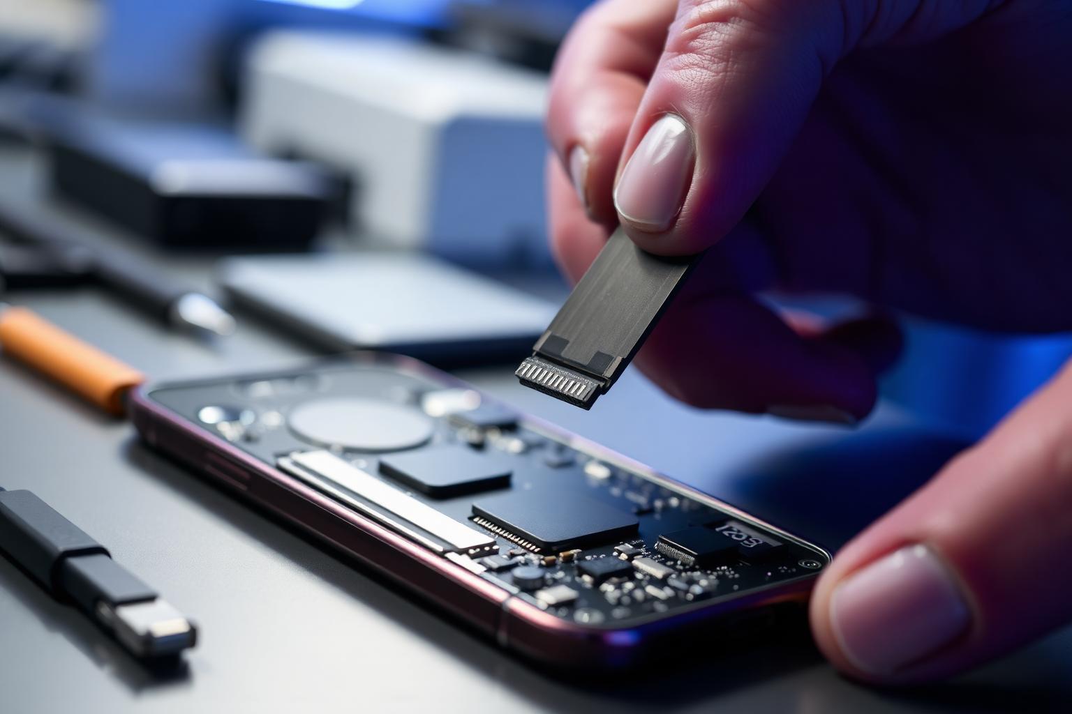 iPhone Display Flexkabel wird vor dem Einbau angeschlossen