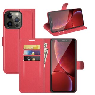 iPhone 13 Pro Max Klapph&uuml;lle mit Kartenfach und Aufsteller aus PU-Leder - Rot