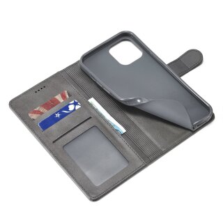 iPhone 12 Mini Klapph&uuml;lle mit Kartenfach und Aufsteller aus PU-Leder - Grau